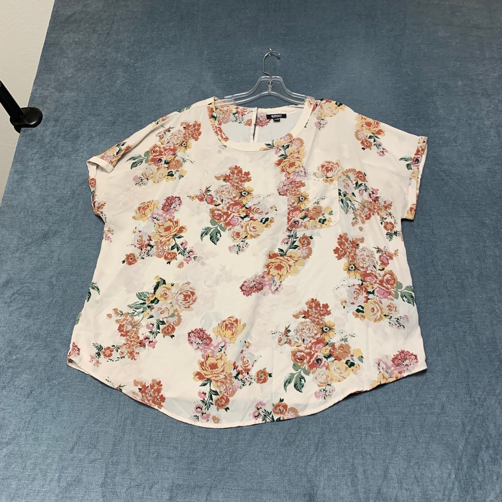 Buffalo David Bitton Blouse Top Women 2XL Cream Floral Print Casual Short Sleeve